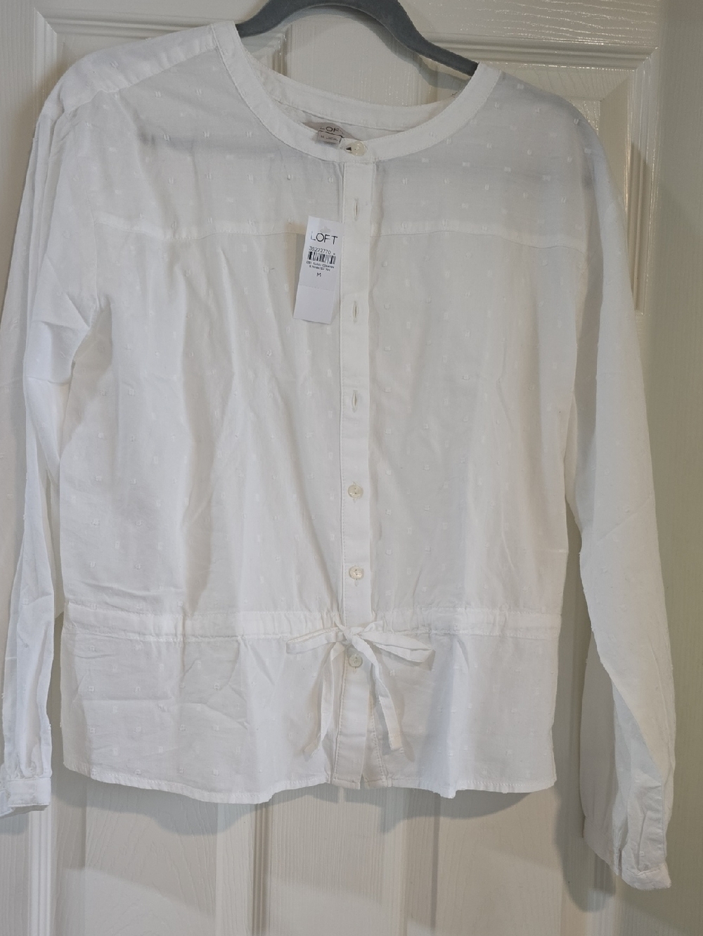 LOFT White Swiss Dot Button-Front Tie Waist Blouse